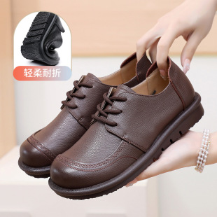 女鞋 真皮系带手工深口乐福鞋 41到43春季 单鞋 2026新款 宽胖脚大码