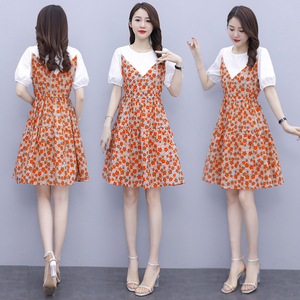 RM8740#大码女装2023夏季新款碎花假两件泡泡袖连衣裙女宽松显瘦女裙
