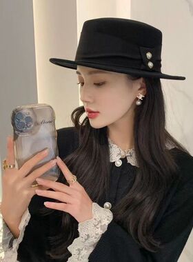 羊毛英伦平顶小礼帽法式复古名媛风平沿盆帽秋冬天时尚女士帽子潮