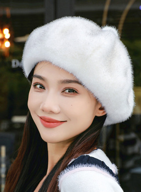 大头围黑色贝雷帽女冬季新款潮显脸小蓓蕾水貂毛帽子八角帽云朵