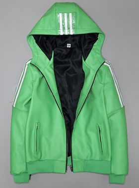 厚实挺阔头层牛皮真皮皮衣男女连帽休闲运动外套苹果绿色夹克衫阎