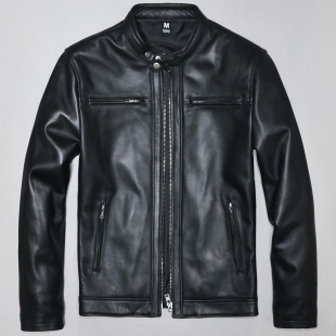 头层绵羊真皮皮衣男修身 休闲简约多兜立领商务机车夹克外套八 短款