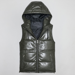 男女真皮羽绒防寒服马甲头层绵羊皮衣修身 连帽休闲夹克坎肩背心池
