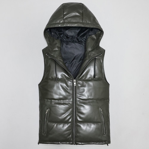 男女羽绒头层绵羊连帽真皮马甲