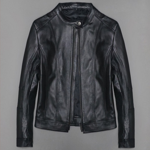 女士立领绵羊真皮皮衣夹克