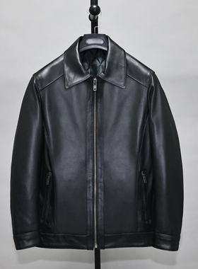 柔软头层绵羊真皮皮衣男加长款翻领休闲简约商务尼克服夹克外套甘