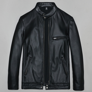 柔软头层绵羊真皮皮衣男修身 青年简约机车夹克外套李 立领加长款
