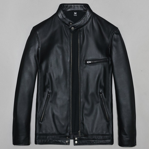 男士加长头层绵羊立领真皮皮衣