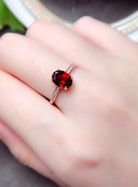 天然石榴石戒指女戒子s925纯银镀白金玫瑰金色莫桑比克红宝石日韩