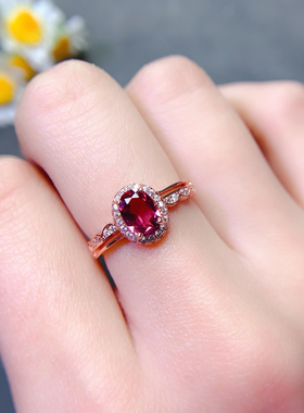 天然镁铝石榴石戒指女款S925纯银镶嵌红色宝石指环活口可调节