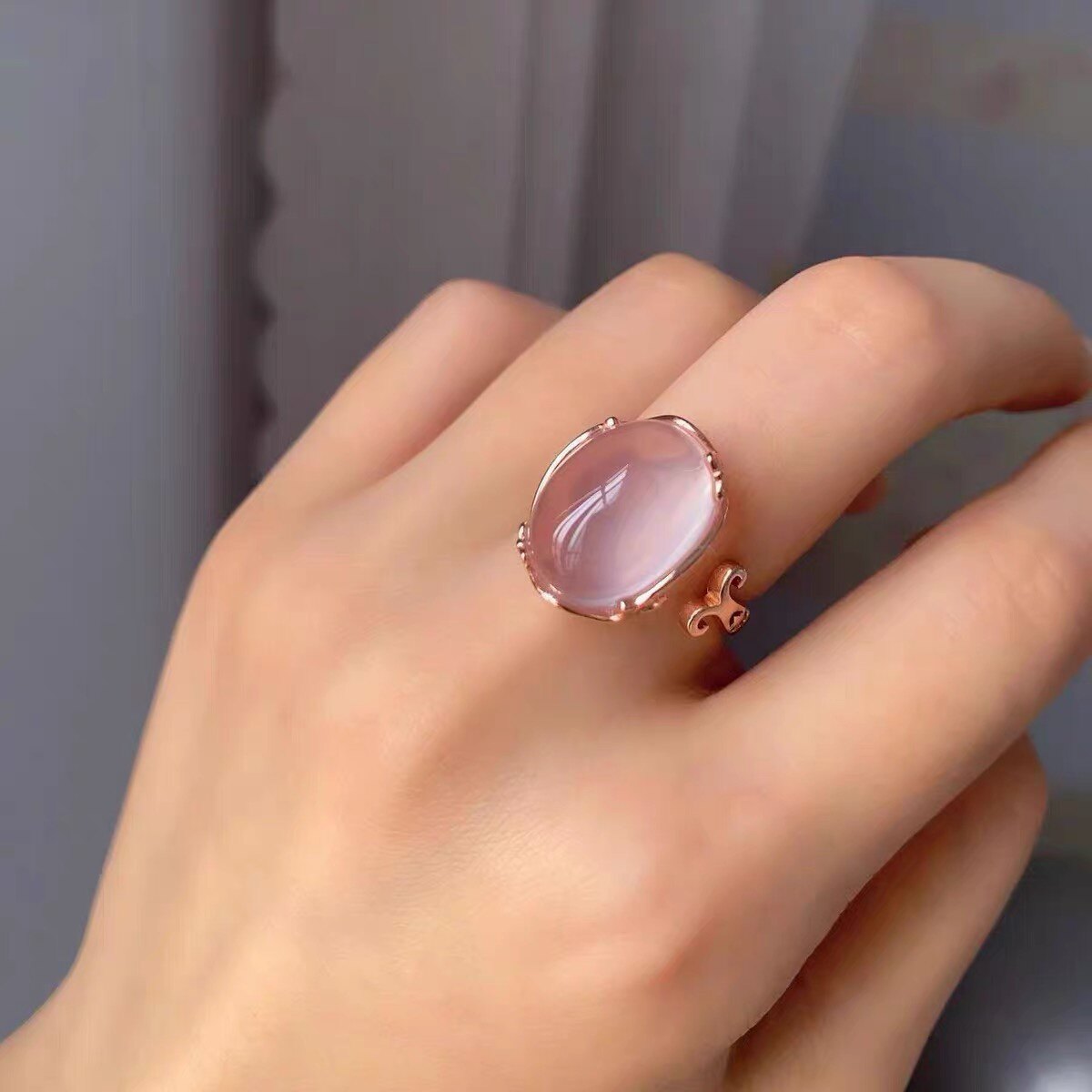 S925纯银天然芙蓉石戒指女戒子招桃花椭圆冰种粉水晶宝石上开口戒