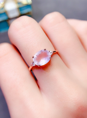 S925纯银天然粉水晶戒指女戒子时尚百搭简约个性粉晶宝石活口可调
