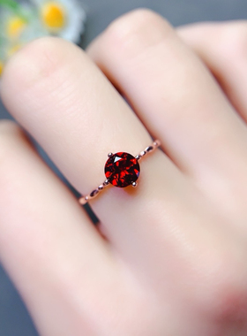 S925纯银莫桑比克石榴石戒指女戒子时尚百搭简约个性酒红色宝石