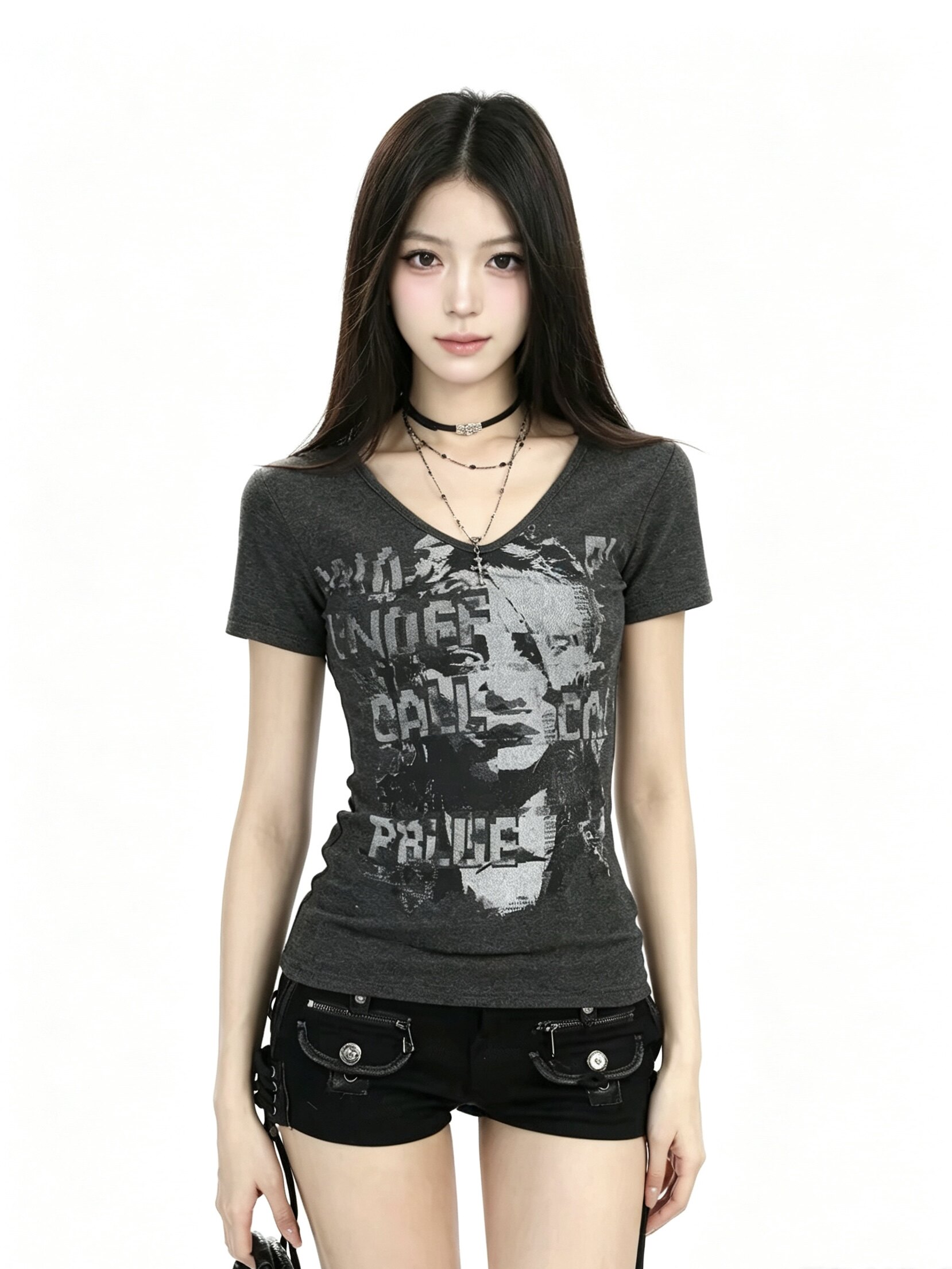 เสื้อยืดแขนสั้นคอวี สไตล์อเมริกัน แนวพังก์ สำหรับผู้หญิง ลายกราฟฟิตี แบบใหม่ฤดูร้อน 2026 เข้ารูปพอดีตัว