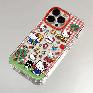 格纹kt猫适用iPhone15promax手机壳新款苹果16/14/13/12pro/11超薄小清新x/xr/xs/max女款16/i17/8plus保护套