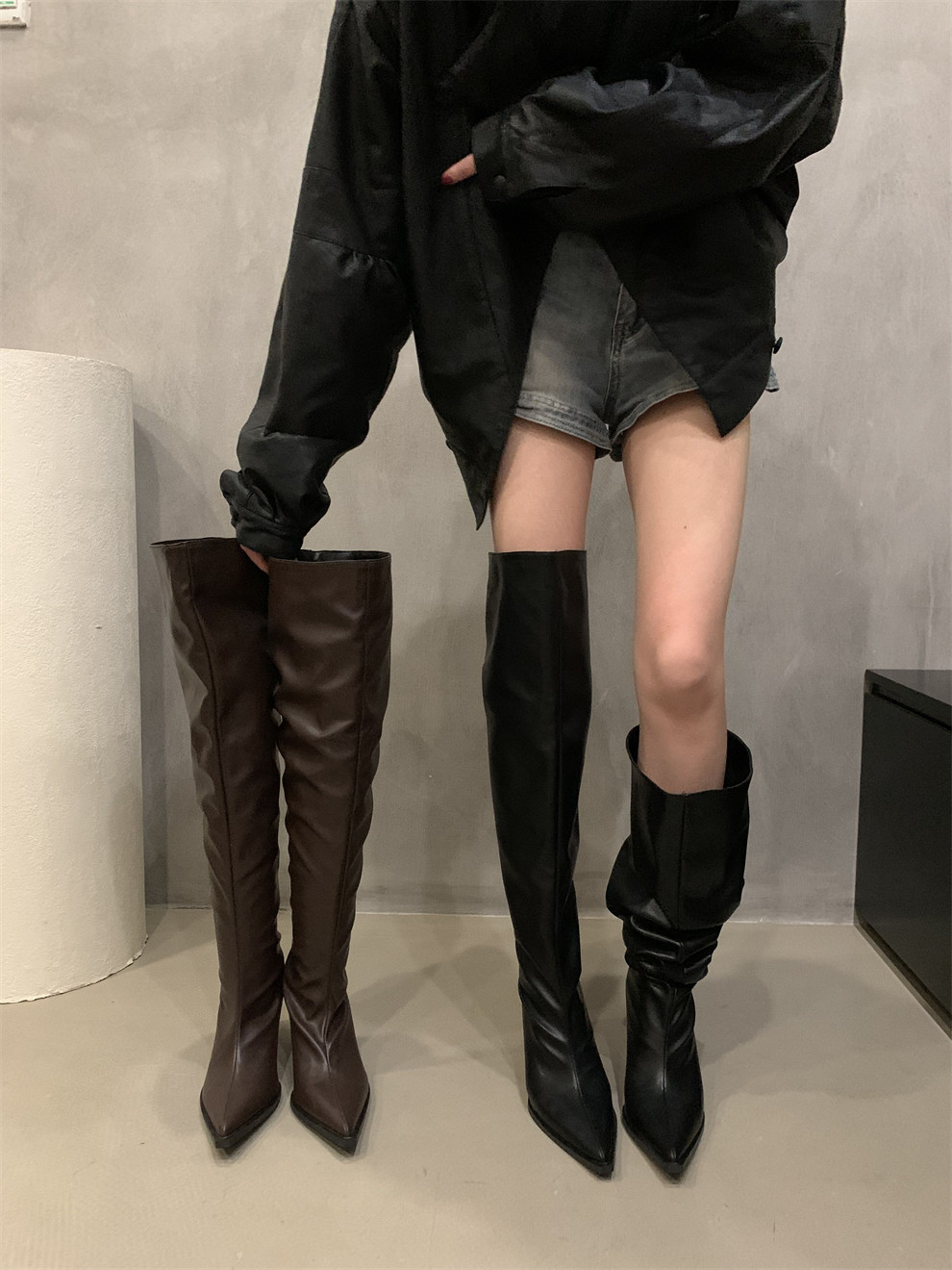 영국 스타일 복고풍 패션 블랙 파일 부츠 하이힐 부츠 가을 겨울 프랑스 여성 부츠 무릎 위 부츠 롱 부츠 나이트 부츠