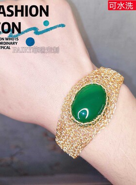菲瑞定制设计师款 14K注金丝手工编织 天然绿玉髓手镯 手链