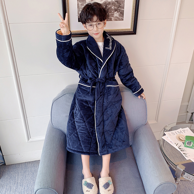 儿童睡袍秋冬季珊瑚绒加厚款三层夹棉男童孩睡衣藏青绣花保暖浴袍