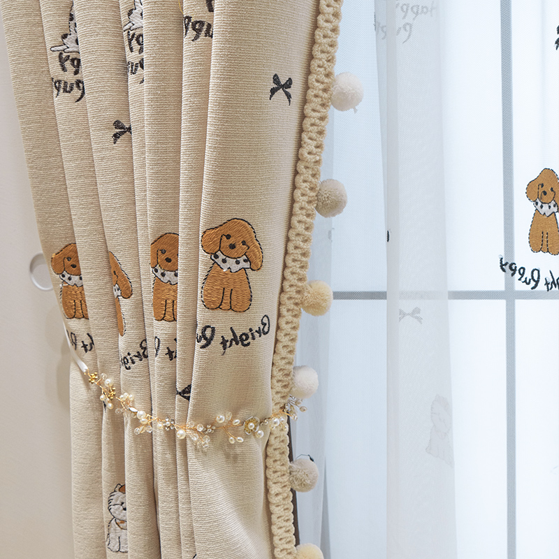 高档新款小狗绣花图案卡通男孩卧室遮光儿童房飘窗落地窗帘布定制
