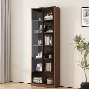 实木书架落地式储物柜家用儿童胡桃木书架玻璃门防尘客厅夹层储物