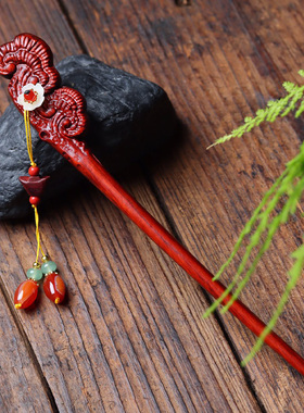 灵芝如意发簪盘发日常简约挽发束发木质红色发钗檀木发饰旗袍头饰