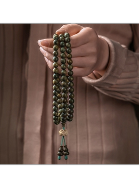 绿檀木手链108颗檀香木佛珠手串黄杨木莲花男女情侣多圈项链念珠