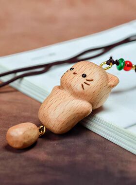 国风木质雕刻猫咪男女情侣项链款脖挂吊坠木雕可爱猫咪文玩手把件