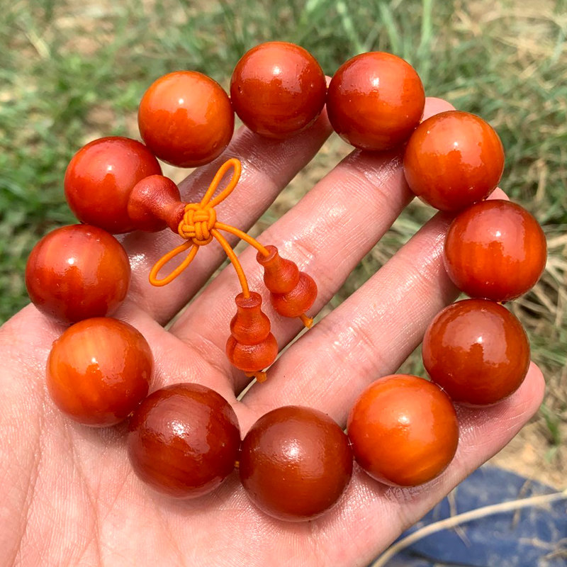 长白山琥珀木手串男红松明子东北沉香高密满油全透光文玩佛珠手链