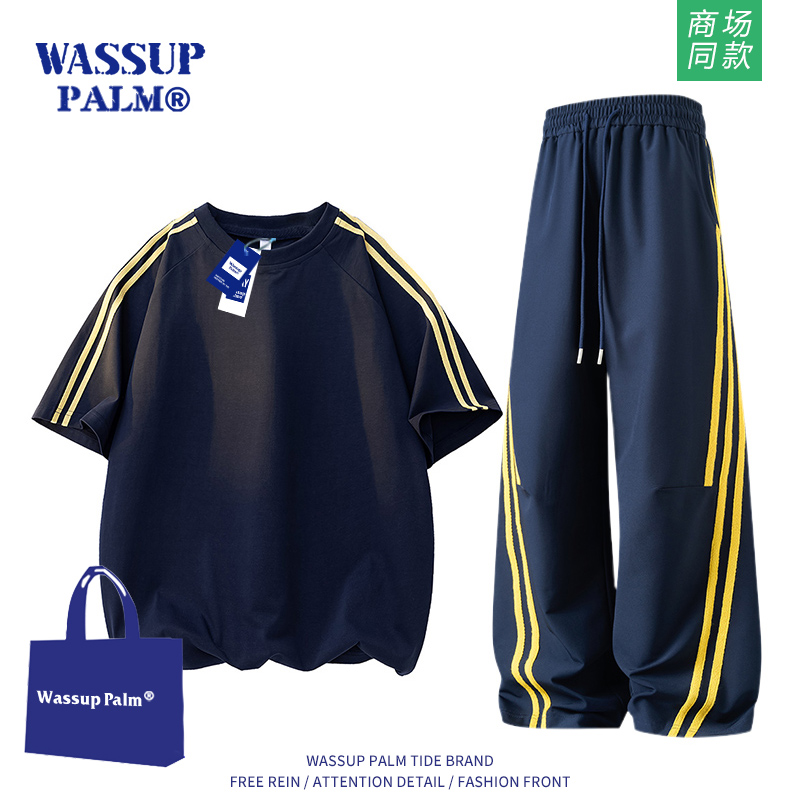 WASSUP PALM运动服套装男女2025新款夏季宽松休闲短袖长裤两件套