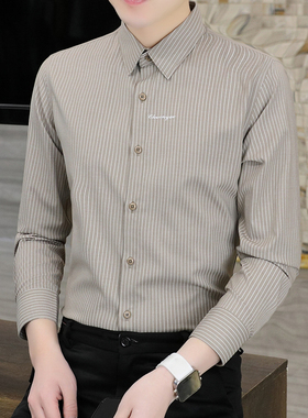 卡其色刺绣细条纹衬衫男士长袖修身免烫衬衣竹纤维垂坠感高档寸衫
