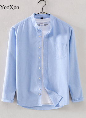 中国风中山立领纯棉休闲衬衫男士长袖春秋季男装衬衣日系复古寸衫