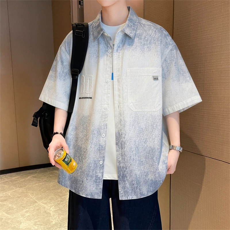 夏季个性渐变纯棉衬衣男士短袖时尚休闲宽松衬衫青少年男装薄外衣