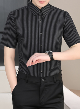 竖条纹短袖衬衫男休闲衬衣男士轻奢时尚百搭夏季潮流修身薄款寸衫