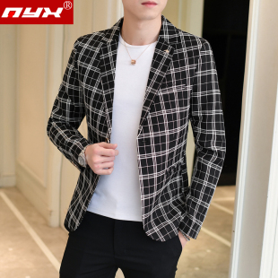 春季男装休闲格子西装外套男士韩版修身小西服流行洋气单西上衣潮