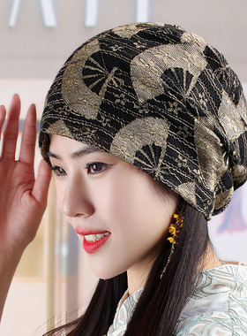 春夏新款扇形蕾丝头巾帽时尚柔软四季包头帽遮白发帽光头月子帽女