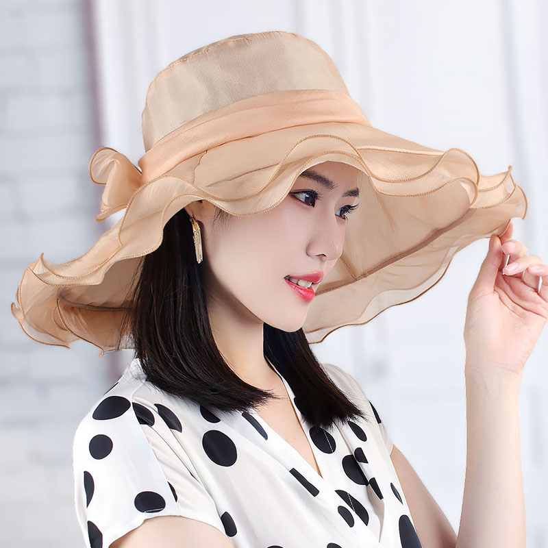 薄纱大沿遮阳帽女夏季气质纯色沙滩帽子海边出游遮脸防晒帽显脸小