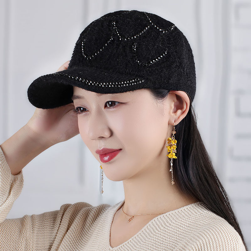 秋冬天新款毛线鸭舌帽时尚百搭彩钻棒球帽女士休闲运动透气针织帽