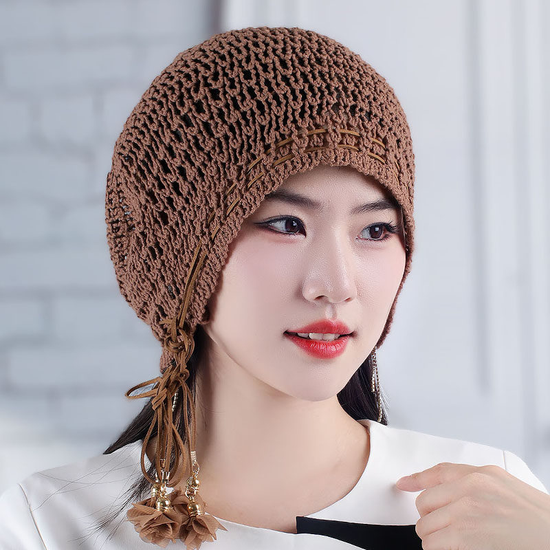 女士春秋天镂空网眼钩花针织帽韩版时尚透气包头帽花朵抽绳可调节