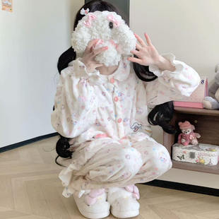 原创！开开熊冬季女卡通法兰绒睡衣加绒加厚可爱甜美可外穿家居服