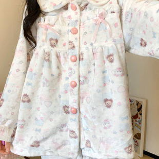 原创！新款兔熊卡通法兰绒甜妹加绒加厚睡衣女可爱学生家居服套装