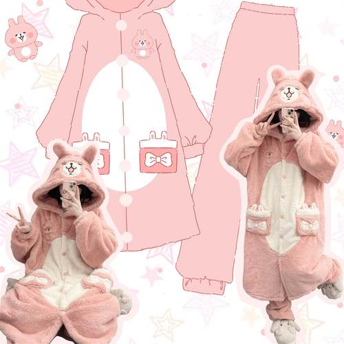 原创! ＜卡娜赫拉＞冬季新款少女睡衣女珊瑚绒软妹睡袍家居服套装