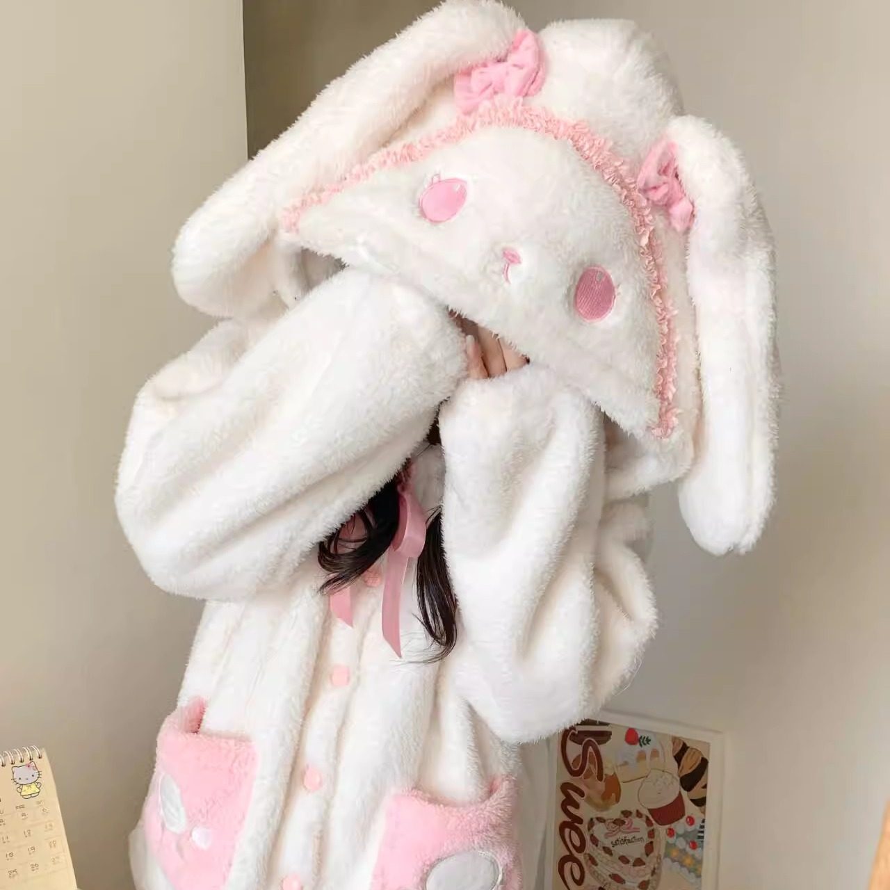 原创！可爱＜兔熊＞冬季卡通新款珊瑚绒少女保暖加厚加厚学生套装