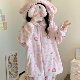 原创!冬季新款兔熊卡通法兰绒甜妹睡衣女可爱学生加绒加厚家居服