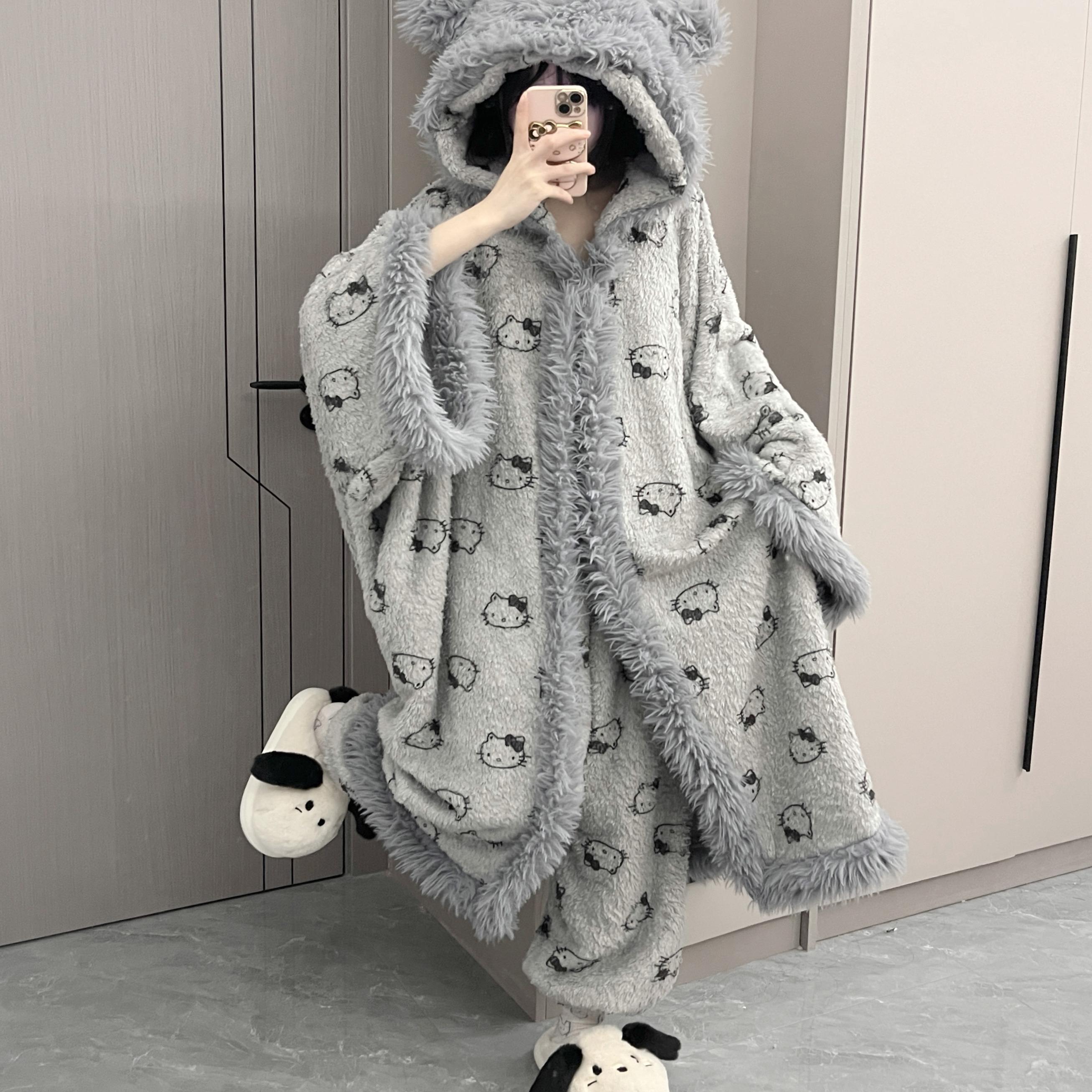 原创!灰色kt冬季新款少女加绒加厚睡衣女珊瑚绒软妹家居服斗篷