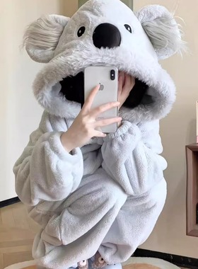 原创！新款卡通考拉连体睡袍珊瑚绒加厚可爱连帽少女日系in保暖