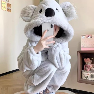 原创！新款卡通考拉连体睡袍珊瑚绒加厚可爱连帽少女日系in保暖