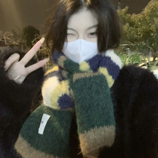 冬季绿色毛线针织女士围巾 新款学生拼色百搭韩系短款小围脖潮