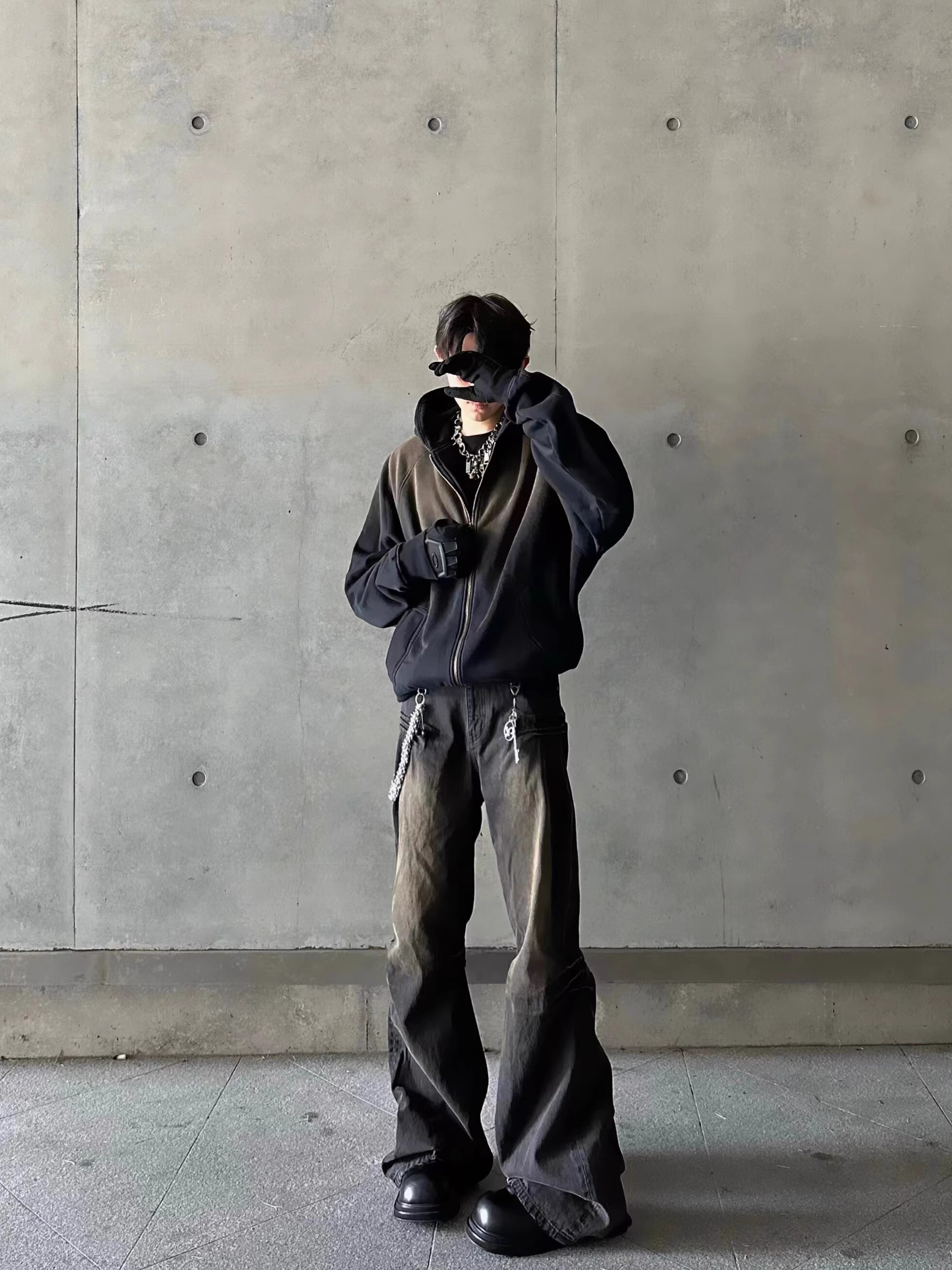 RABBIT.B YONIK 헤비 워시 그래디언트 하이웨이트 헤비 벨벳 후드 루즈 지퍼 스웨트셔츠 재킷