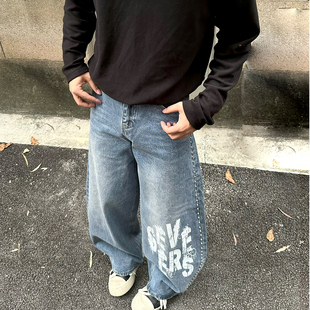 铆钉水洗印花设计感宽松休闲百搭男弯刀牛仔裤 美式 潮 ONG FLAME