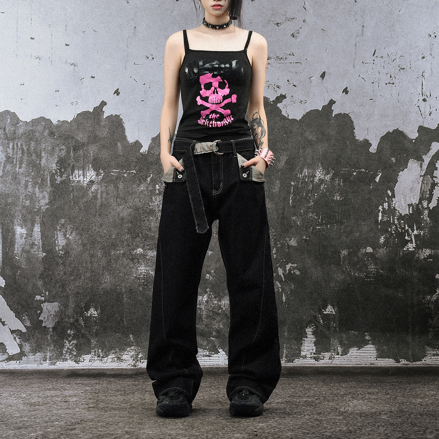 FLAME ONG 美式复古拼接千鸟格腰带原牛黑明线装饰微喇阔腿裤男潮,男装,牛仔裤,淘宝优惠券,粉丝福利购,淘宝优惠卷